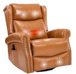 Genuine Leather Swivel Rocking Recliner Chair for Adults, 360° Swivel Glider Rocker with Heat & Vibrating Massage, Lounge Chair for Living Room, Bedro