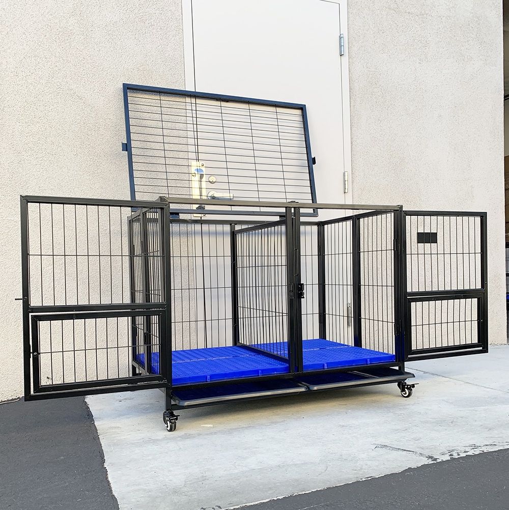 New in box $205 Heavy-Duty Dog Cage Crate 43x30x34” Double-Door Folding Kennel w/ Divider, Tray, Wheels