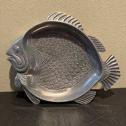 Vintage Cast Aluminum Pewter Large Fish Tray Platter 13.5”L X 11”W