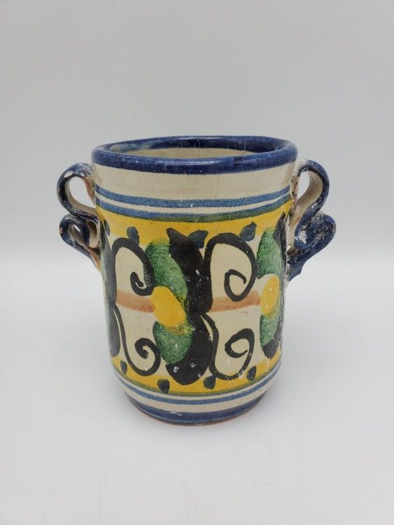 Small Vintage Spanish Talavera-Style Handled Pot