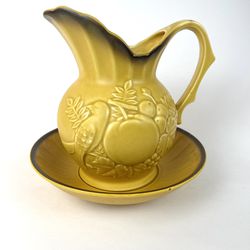 Vintage Yellow Pitcher with Bowl Japan Bird Embossed MCM Cottagecore 7"
