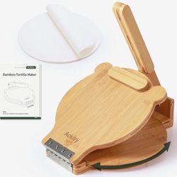  Rotatable Tortilla Press 10 Inch, Bamboo Tortilla Press Maker with 100 Pieces Parchment Paper 