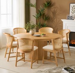 6pc ModernLuxe Assembly Required Tatti Indoor Wooden Counter stool Natural Finished Frame with Beige Upholstery