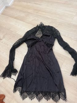 Black Satin Mini Dress with Lace Sleeves