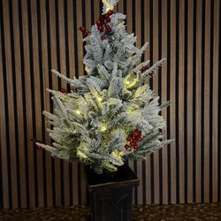 Brand New 3FT Prelit Christmas Tree, Artificial Xmas Tree with Vintage Base Flocked Snow 78 Warm White LED Lights Red Berries, Festival SKU516