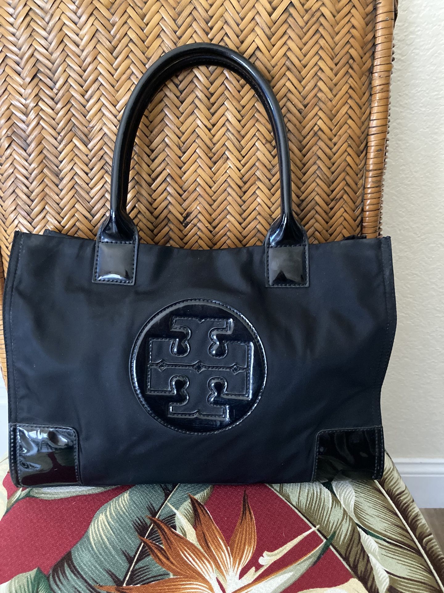 Tory Burch Ella Black Patent Leather & Nylon Tote