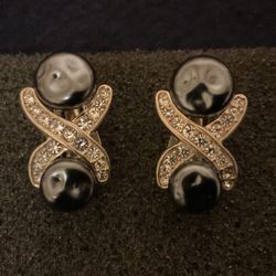 Sterling Silver (925) Clip On Earrings With Dark Gray Pearl And Clear Crystals,by Carolee