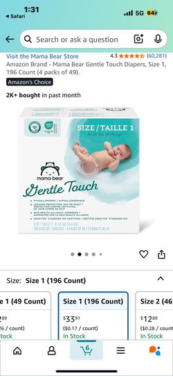 Mama Bear Gentle Touch Diapers, Size 1, 196 Count