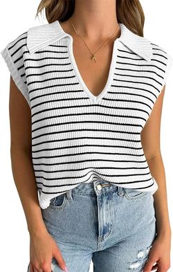 Women's Ribbed Tank Top - Lapel Collar Striped Sweater Vest, M
