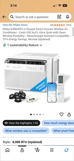 Midea 8,000 BTU U Shaped Smart Inverter Window Air Conditioner