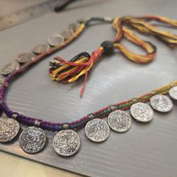 Multicoloured silver coin necklace with tassel #festivalvibes