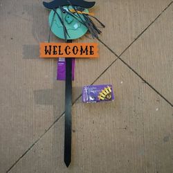Halloween Witch Welcome Yard Stake + Orange String Lights