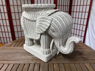 Vintage White Wicker Elephant Side Table
