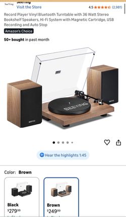 Record Player Viny! Bluetooth Turntable with 36 Watt Stereo Bookshelf Speakers, Hi-Fi System with Magnetic Cartridge,