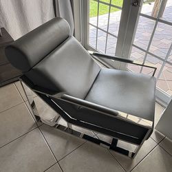 Chair Camber Mid-Century, Pewter Grey Metal Frame & Smoke Bonded Leather