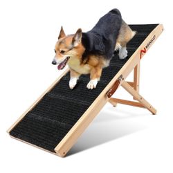 Dog Ramp for Bed, 39" Long Wooden Foldable Dog Ramp, 5 Adjustable Heights from 14.4" to 22.2" with Anti-Slip Traction Mat, Portable Pet Ram
