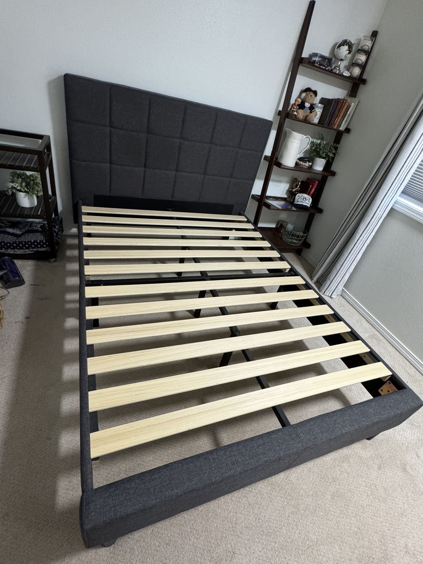 Full Bed Frame with Upholstered Grey Quilted Headboard