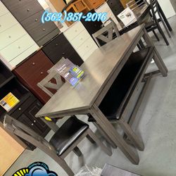 Grey Dining Table Set With Bench And 4 Chairs 