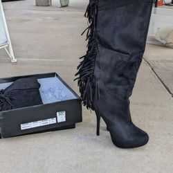 Open Box Thigh High Black Fringe Boots