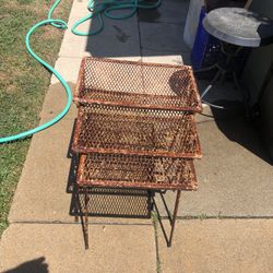 Vintage 1950s Rusty but Cool Metal Mesh Salterini Nesting Tables (Photos taken after hosed off): 