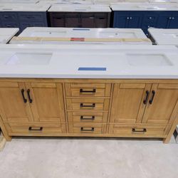 72” Brand New Bathroom Vanity in Teak color, Soft Close Solid Wood with Top in White  $1149 