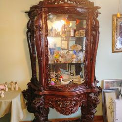 Hand Crafted Antique Wood And Glass Curio Cabinet 