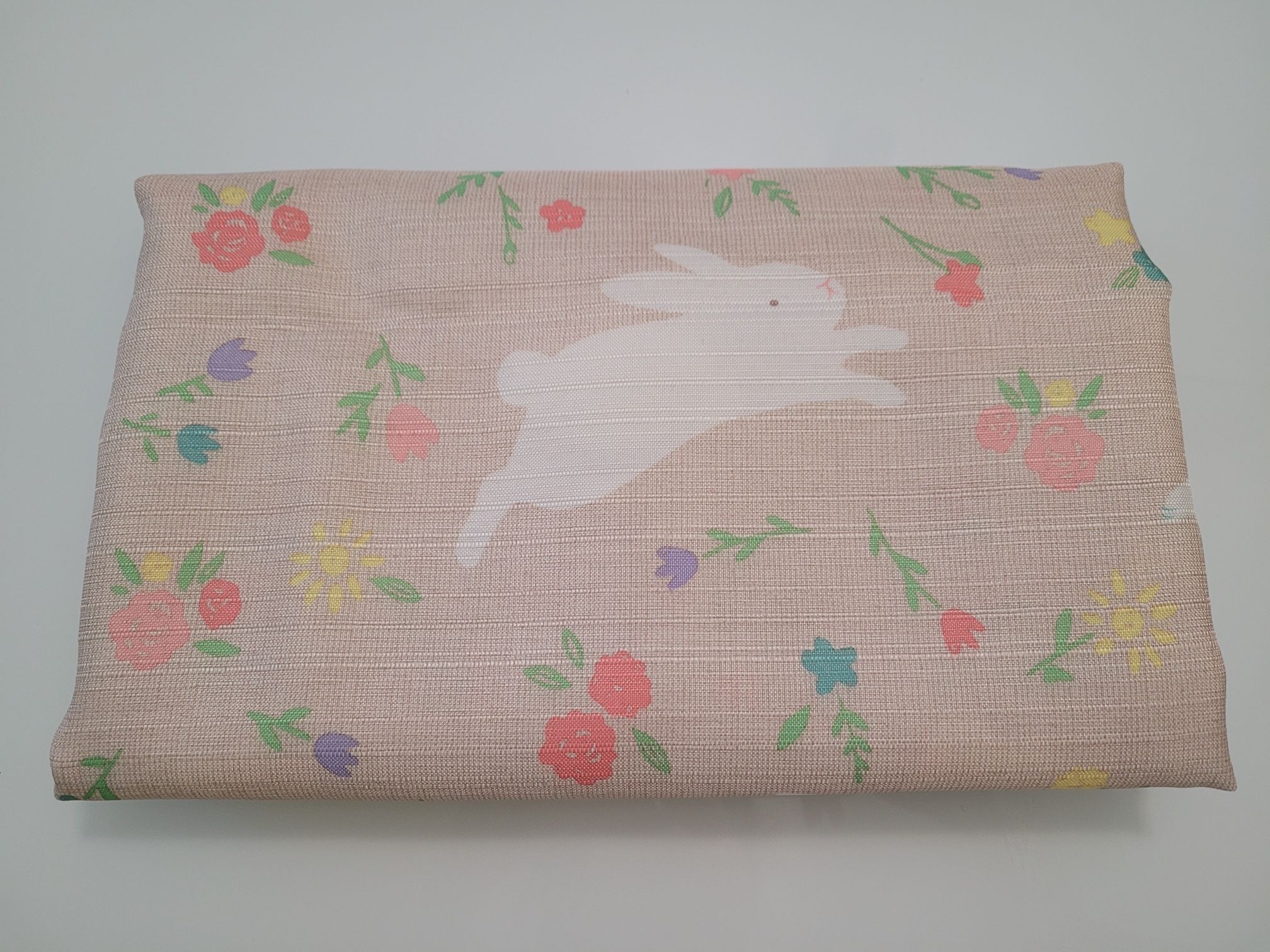 Beige Spring Easter Bunny Fabric Tablecloth, Rectangle, 60 x 84 Inches.