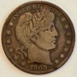 1909 Barber Half Dollar Silver 50C Circulated US Coin