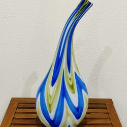 Vintage Murano Blue, Green & White Art Glass Bottle Vase. Lizarri Signature Home