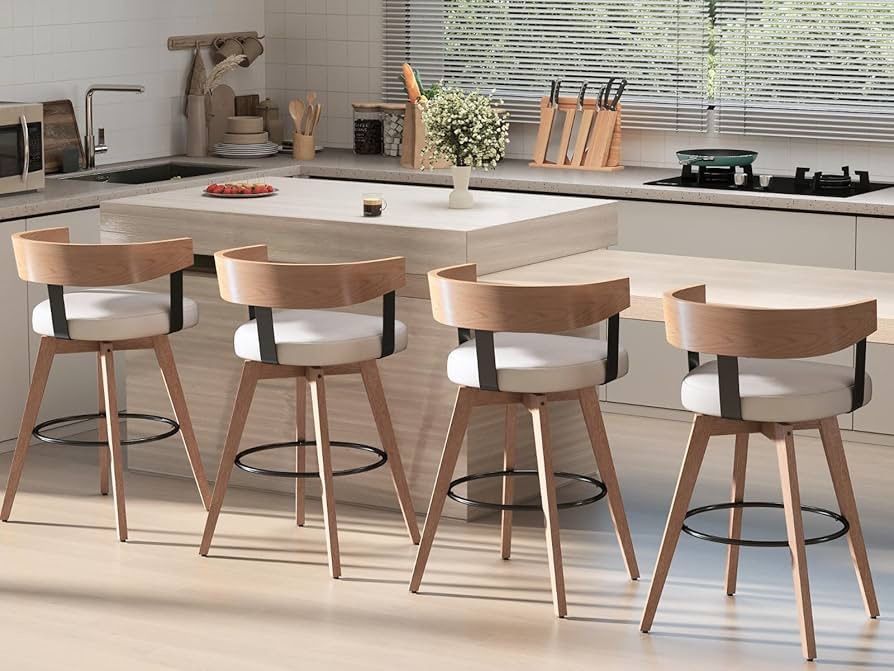 0929 Swivel Bar Stools Set of 4, 26" Upholstered Counter Height Bar Stools with Footrest, Modern Barrel Bar Chairs Wood Barstool with Linen Seat for D