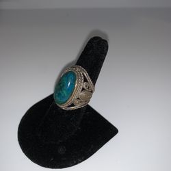 Vintage Silver Filigree Ring Size 6.75 Set With Chrysocolla