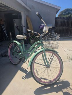 Beach Cruiser Bike with Basket - Mint Green and Pink