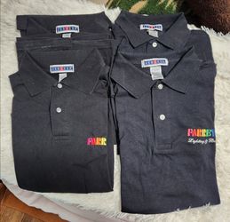 (4)- Polo style pullover casual short sleeved mens tops.
Cotton blend. All Black w/ 2-buttons. 2- LARGE, 2-XL/EG.
All 4 have colorful Embroidered comp