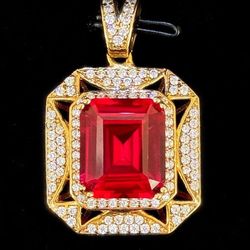 10k solid Yellow gold emerald cut 8CT Ruby CZ stone pendant charm