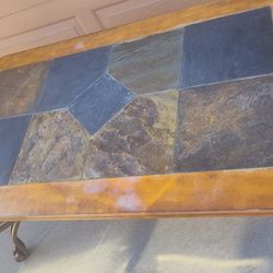 Stone and Real Wood Topped Iron Coffee Table with Some Water Damage 