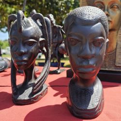 Pair of 9.5" Male & Female Vintage East African Hand-Carved Ebony Wood Bust Sculptures