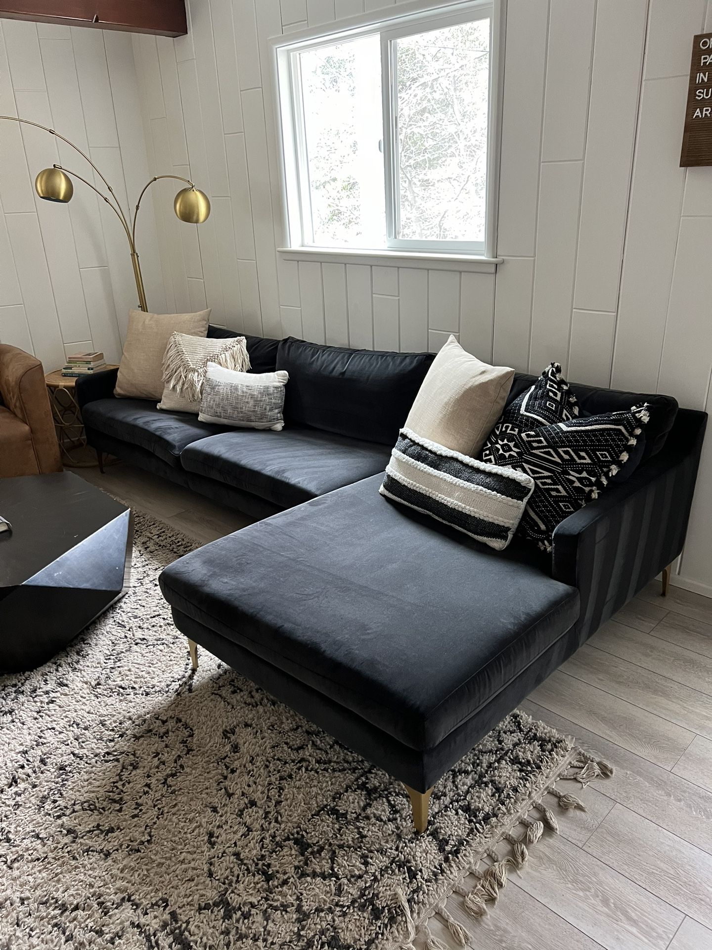 Black Velvet Sofa W/ Chaise