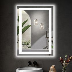 Touch Button Bathroom Mirror 32 x 24 Switchable Color LED with Defogger