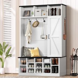 Shoe Storage,
Farmhouse Mudroom Hall Tree with Bench
and Coat Rack, White Entryway Bench with
Ba Door,Adjutable Shoe Cubbies and
3-Tier Cabinet for En