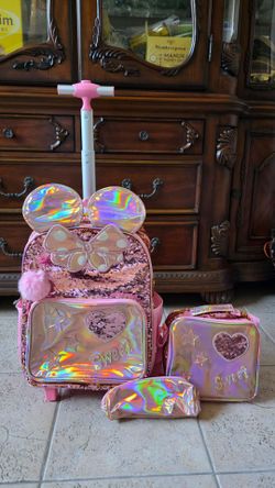 Girls Pink Sequin Rolling Backpack Set