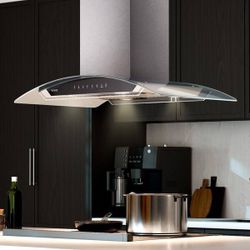 VIKIO 35.4 in. 900 CFM Ducted Island Mount Range Hood in Stainless Steel with LED Light and Glass Panel