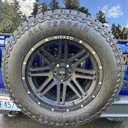 Jeep Wheels Tires 35” on 20” Wicked Rims 5x127 Bolt Open Range AT Tires