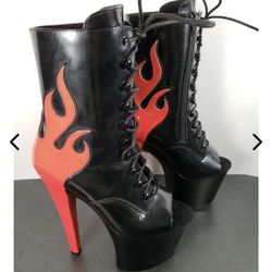 Hustler XTRA Black and Red Flame Platform Lace-Up Boots with 8" Heels - Size 10M