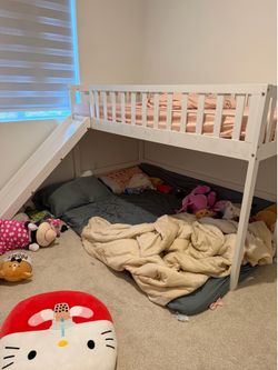 White wooden loft bed with slide & ladder