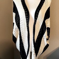 Black/White Stripe Lightweight Knit Batwing Short Sleeve Open Cardigan Sz L
