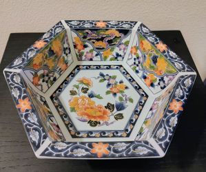 Imari-Style Floral Hexagon Bowl - Colorful Chinoiserie Centerpiece 9.5"