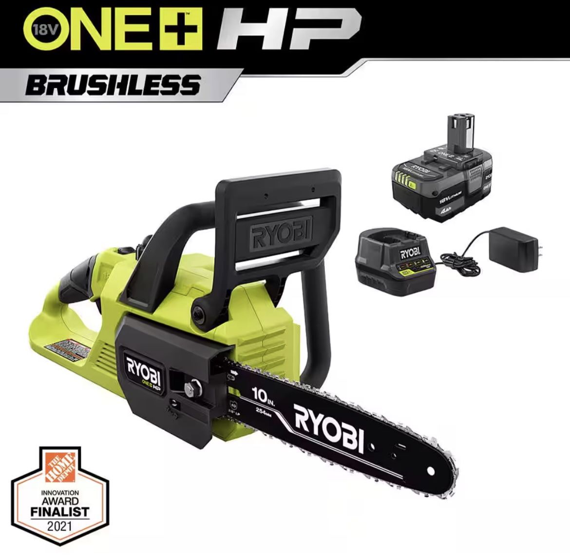 New RYOBI ONE+ HP 18V Brushless 10 in. Battery Chainsaw with 4.0 Ah Battery and Charger