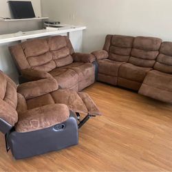 Brown 3 Piece Recliner Set—Sofa, Loveseat, Chair