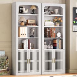Mid-Century Book Shelf, 6-Tier Floor Standing Bookcase with Grille Doors, Tall Storage Shelves for Display & Organizing, Suitable for Home Office, Liv