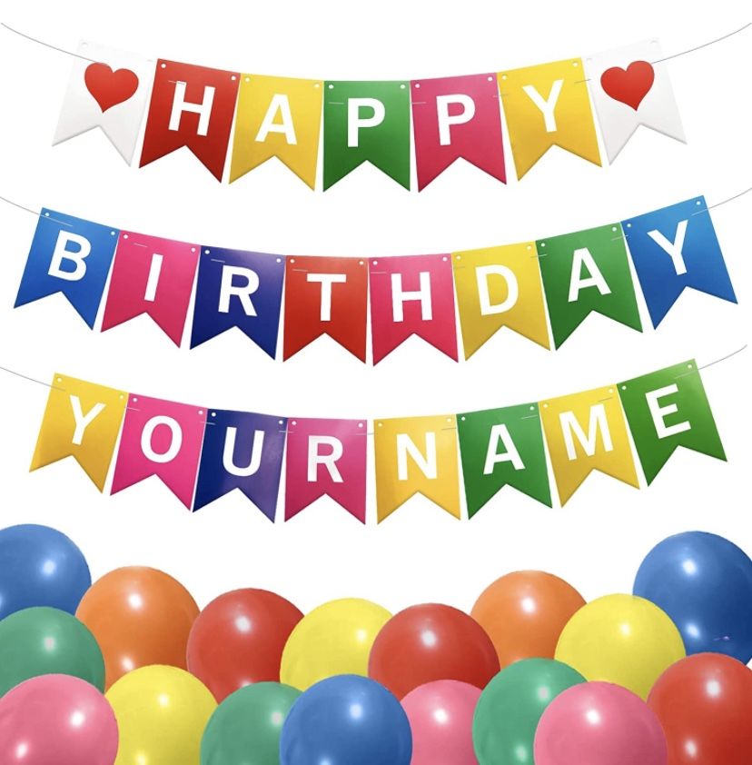 Happy Birthday Banner, Personalized Name Happy Birthday Decorations Rainbow Colorful with 2 Sets A-Z Letters Multi Occasion Bunting Sign Confetti Ball